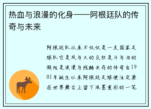 热血与浪漫的化身——阿根廷队的传奇与未来