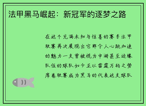法甲黑马崛起：新冠军的逐梦之路